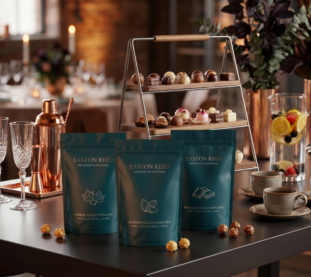 Drei elegante Easton Reed Gourmet Popcorn Tüten: Amber Maple Popcorn, Almond Praline Popcorn und Midnight Cocoa Popcorn mit dunkler Schokolade. Premium Genussprodukte in edler Produktpräsentation.