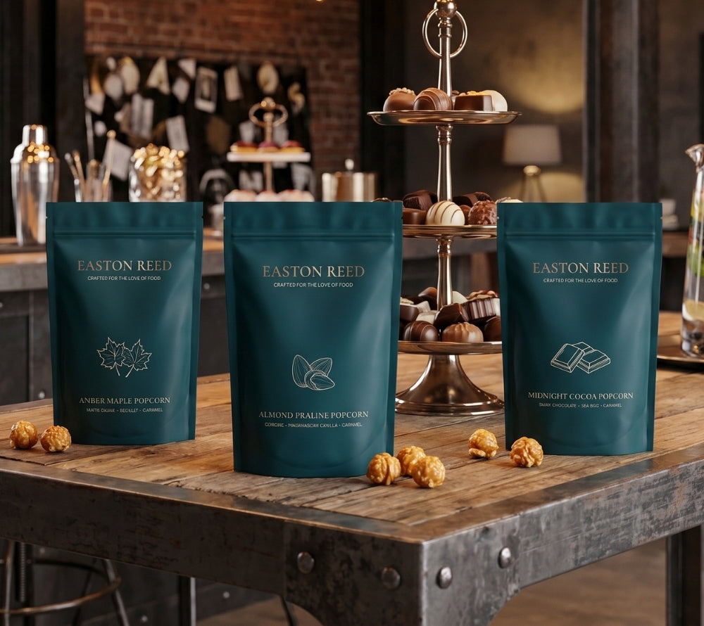 Drei elegante Easton Reed Gourmet Popcorn Tüten auf einem rustikalen Holztisch: Amber Maple Popcorn, Almond Praline Popcorn und Midnight Cocoa Popcorn mit dunkler Schokolade. Premium Genussprodukte in edler Produktpräsentation.