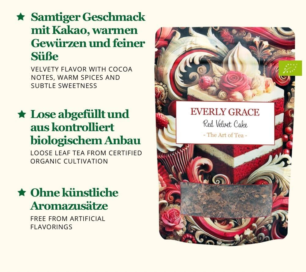Bio Red Velvet Cake Tea von Everly Grace – samtiger Tee mit Kakao & warmen Gewürzen, inspiriert vom Waldorf Astoria Klassiker. Lose & ohne Aromen. Jetzt bestellen!