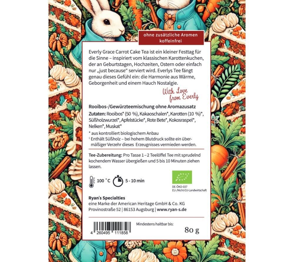 Everly Grace Carrot Cake Bio Rooibos mit Karotte, Apfel, und Kakaoschalen