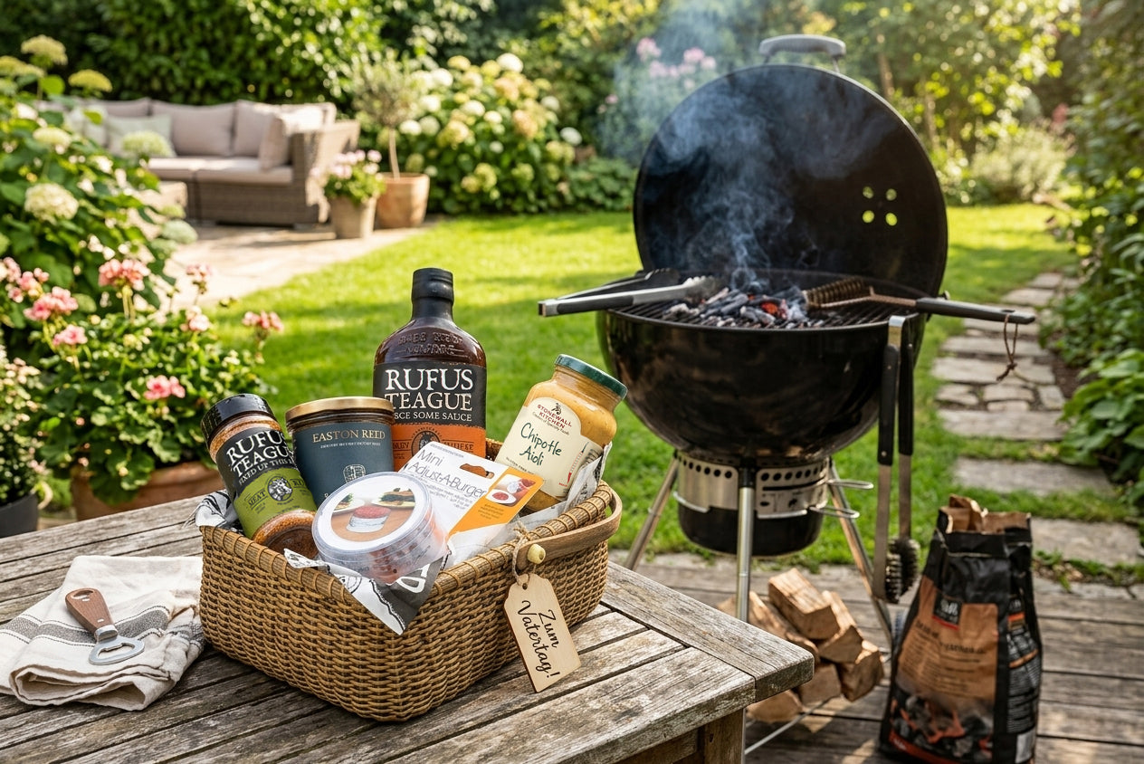Vatertags-Bundle mit BBQ-Saucen, Chips & Gewürzen. Rauchig, würzig & vielseitig – jetzt zum Vorteilspreis von 49,90 € statt 54,85 € sichern!