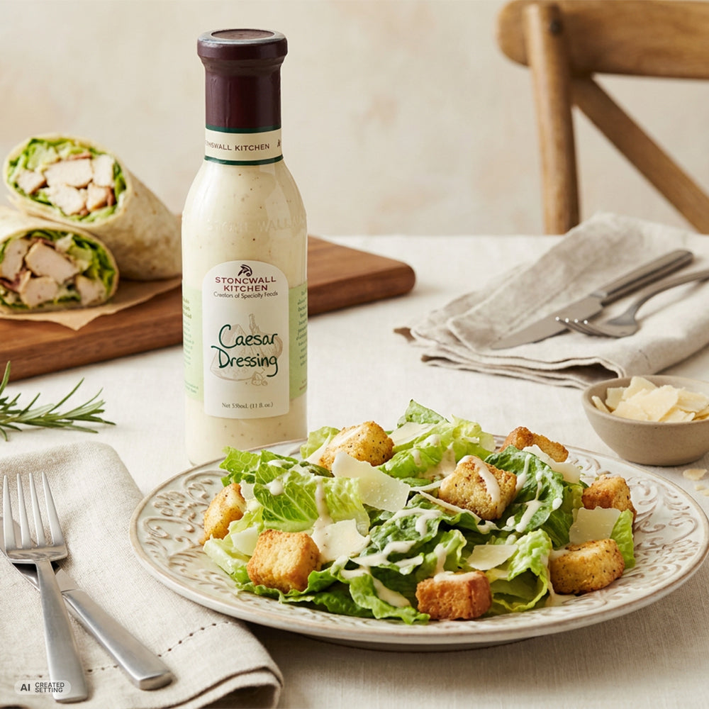 Cremiges Caesar Dressing von Stonewall Kitchen mit Parmesan, Knoblauch und Dijon-Senf – perfekt für Salate, Pasta, Wraps und kreative Gerichte.