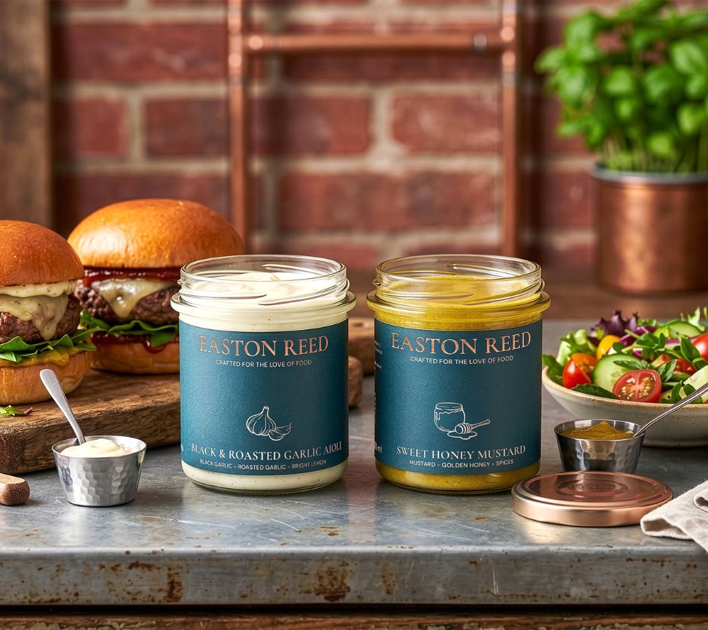 Sweet Honey Mustard und Black & Roasted Garlic Aioli von Easton Reed zu Burgern, Salaten und mehr