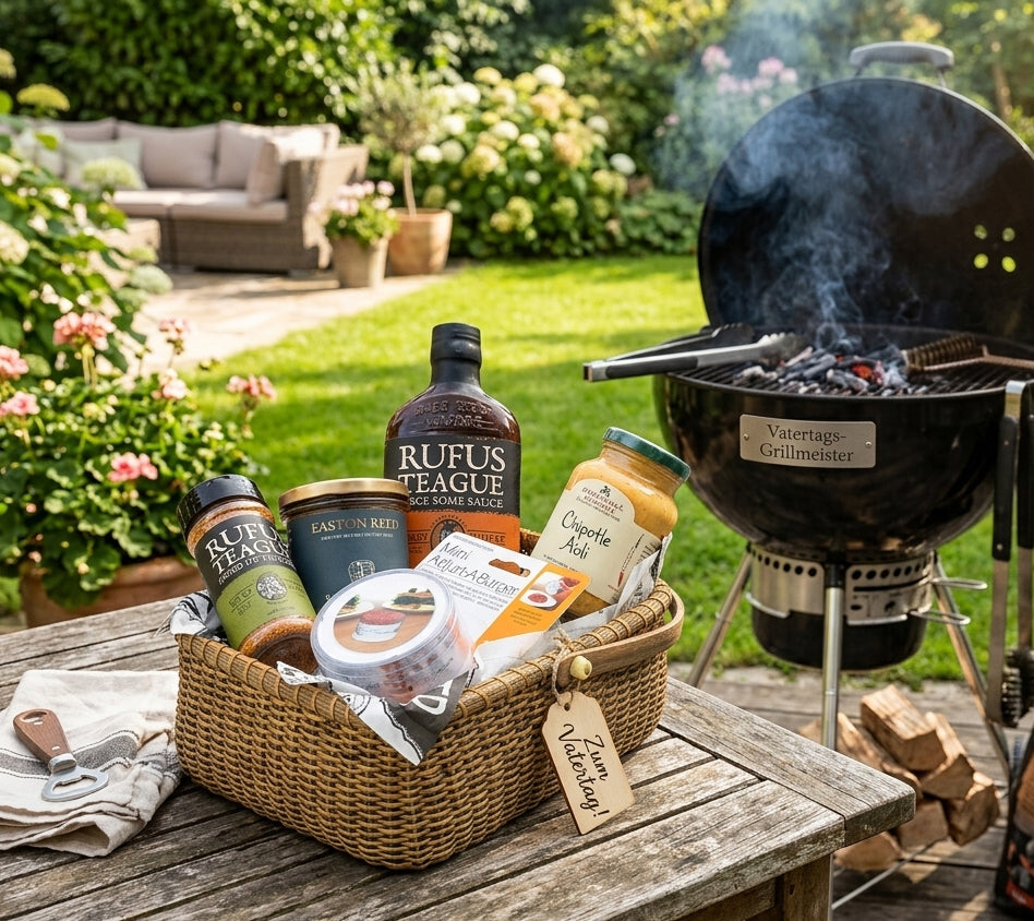 Vatertag Set Geschenkkorb mit Grillsaucen, Marinaden, Ketchup, Chipotle Aioli und Burgerpresse.