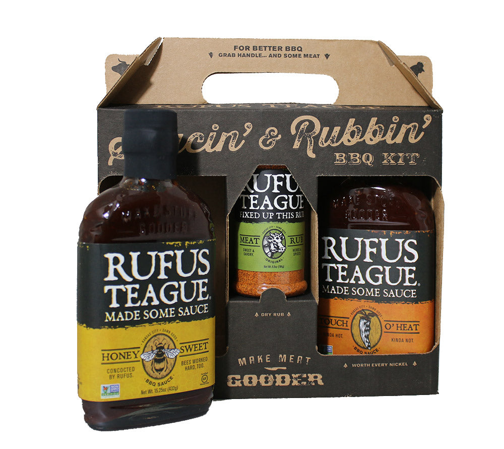 Rufus Teague Geschenkset Saucin & Rubbin mit Honey Sweet BBQ Sauce, Touch O' Heat BBQ