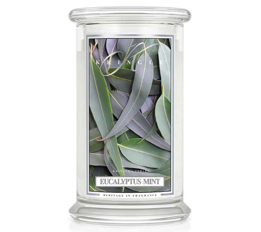 Kringle Candle Eucalyptus Mint bei American Heritage ☆ Das Wachs der Kringle Candles ist in verschiedenen Weißtönen ganz ohne künstliche Farbstoffe gehalten. Somit fügen sich die Kerzen wunderbar in jede Umgebung ein. Hochwertige Parfümöle geben den Kerzen die verführerischen und beliebten Düfte.