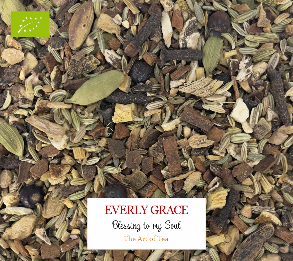 
                  
                    Everly Grace Blessing to my Soul Tee kaufen | koffeinfreier Bio-Tee ohne Aromen | Kräutertee mit ayurvedischen Kräutern | Eine verführerische Teemischung für luxuriöse Genussmomente!
                  
                