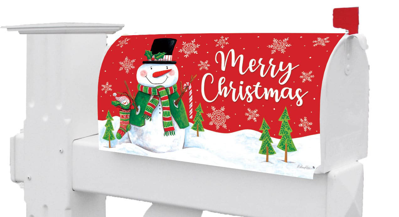 Red & Green Snowman Mailbox Cover - Design für Ihren US-Briefkasten bestellen ☆ Mit Magneten für magnetische US-Briefkästen ☆ Mehr Sorten!