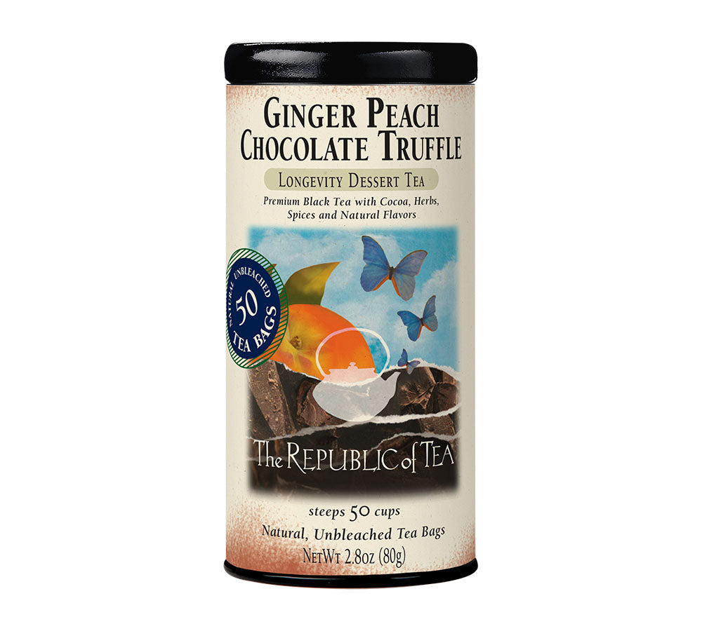 Ginger Peach Chocolate Truffle Black Tea von The Republic of Tea kaufen | Metalldose mit 50 Beuteln | Schwarzer Tee mit Kakao, Maté und Rooibos | Eine verführerische Teemischung für luxuriöse Genussmomente!