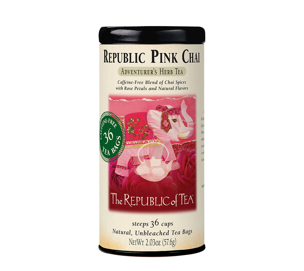 Pink Chai Herbal Tea von The Republic of Tea (Metalldose mit 36 Beuteln) ☆ Ein magisches Tee-Erlebnis ☆ Mit klassischen Chai-Gewürzen wie Zimt und Kardamom, verfeinert mit roter Bete und Rosenblättern ☆ Leuchtend rosafarben und koffeinfrei ☆ Jetzt probier