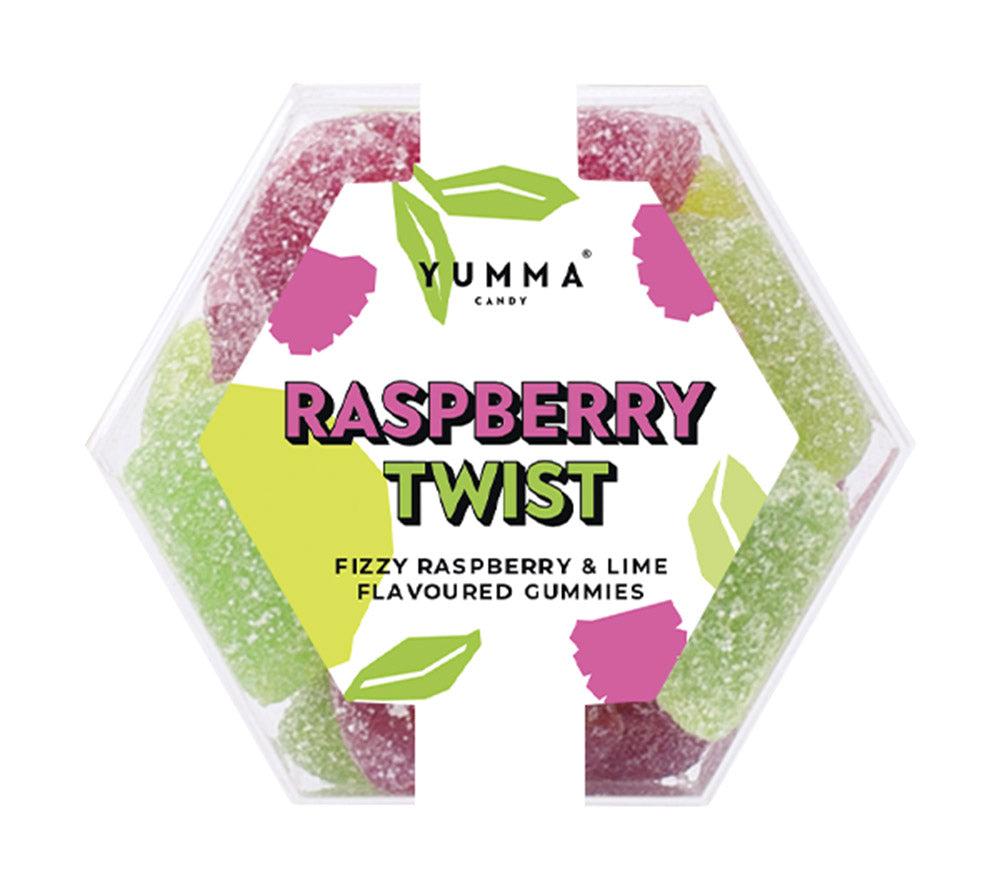 Raspberry Twist von Yumma Candy (96 g Box) | Boutique-Candy: vegane Bonbons mit Himbeer- und Limettengeschmack | Verfügbar mit EU-Versand