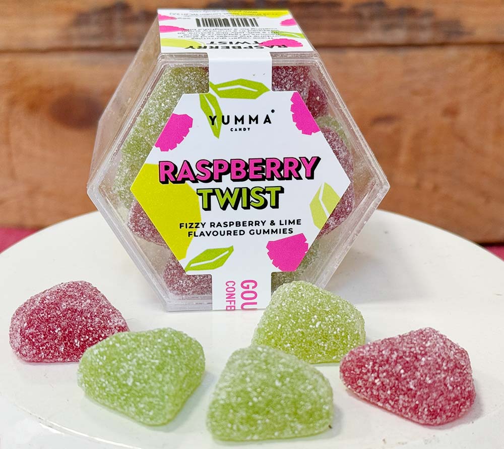 Raspberry Twist von Yumma Candy (96 g Box) | Boutique-Candy: vegane Bonbons mit Himbeer- und Limettengeschmack | Verfügbar mit EU-Versand