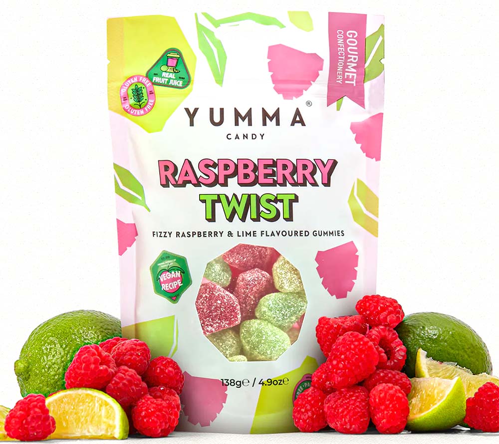 Raspberry Twist von Yumma Candy (138 g Beutel) | weiche, zähe Bonbons mit Himbeergeschmack, | perfekt zum Naschen und Teilen. Verfügbar mit EU-Versand